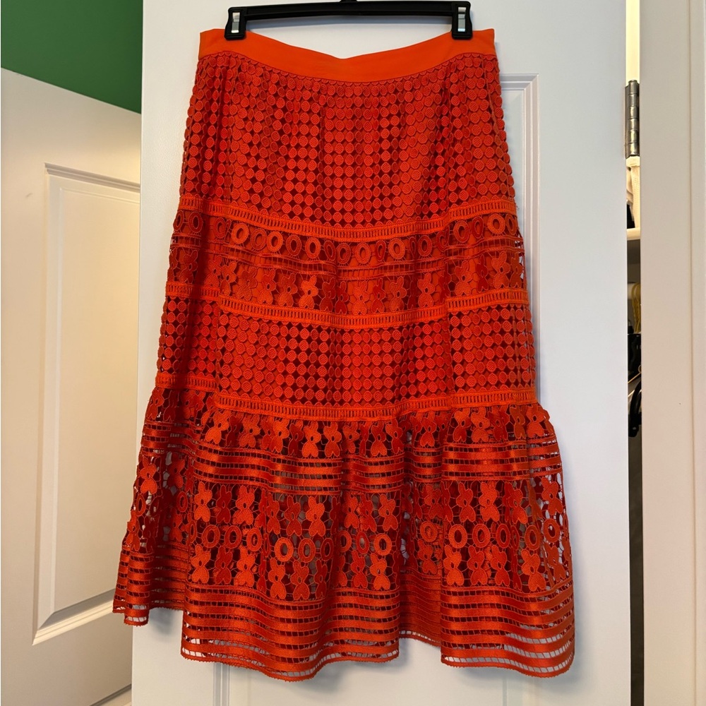 Diane Von Furstenberg Vibrant Orange Crochet Midi Skirt